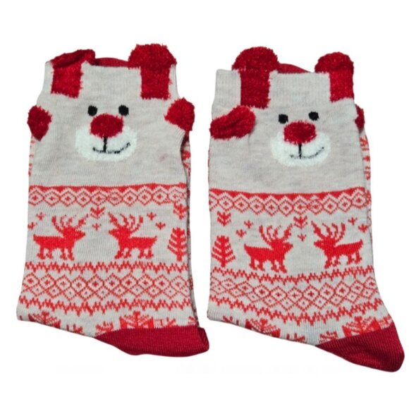 2 Pairs Christmas Adult Mid-Calf Cozy Snowflake & Reindeer Bear Design Socks NEW - Picture 6 of 7